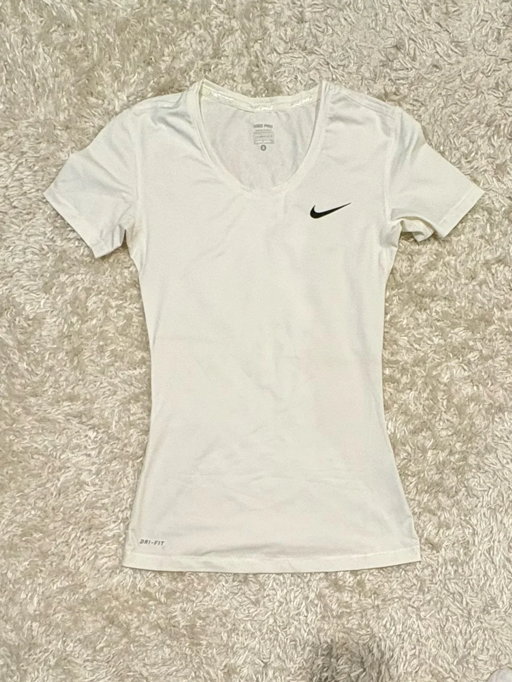 Nike Pro White Women’s Short Sleeve Performance Shirt Dri Fit Black Logo Running